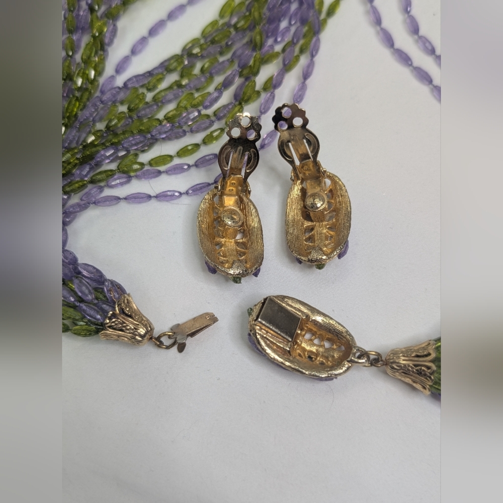 Vintage Purple And Green Statement Necklace & Earrings Set - Estate Jewelry - Picture 8 of 10